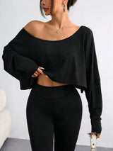 Casual Black Sexy Oblique Shoulder Long Crop Top