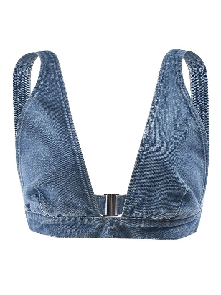 Metal Buckle Deep V-Neck Denim Tank