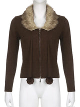 Y2K Fur Cropped Zip-up Cardigan