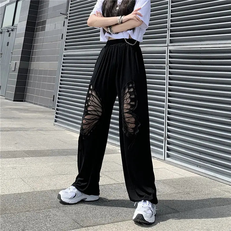 Butterfly Hollow Out Black Casual Pant