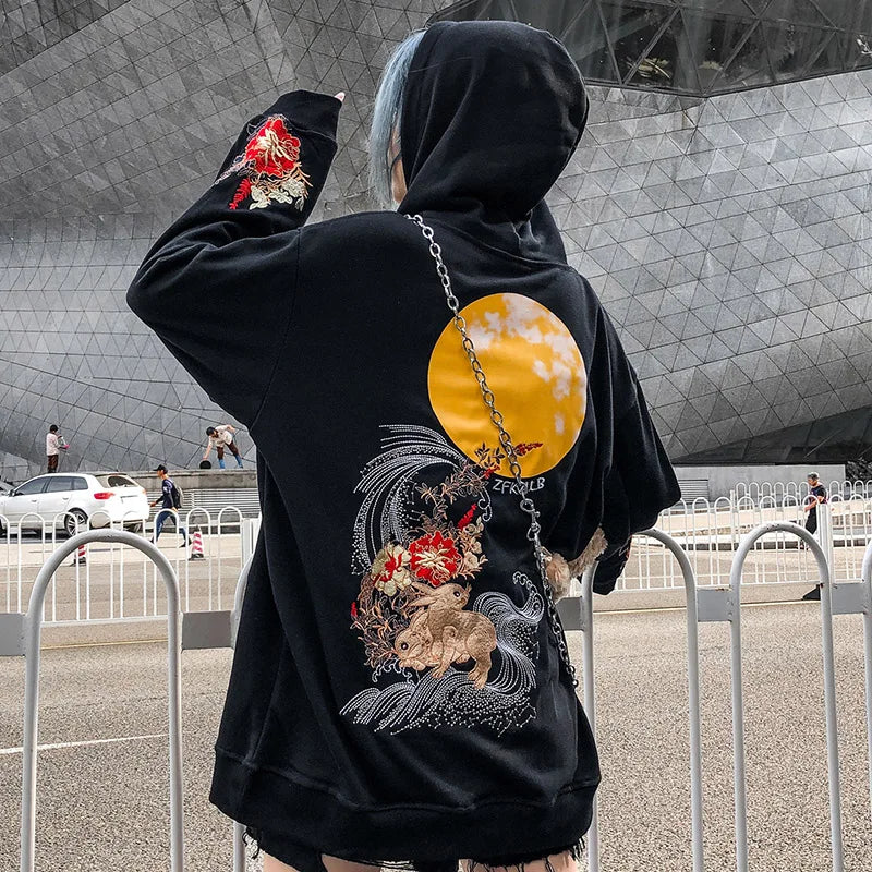 Embroidered Floral Moon Black Hoodies