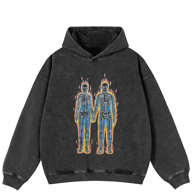 Faded Black Washed Flaming Skeleton Hoodie