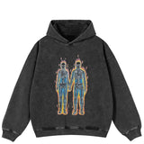Faded Black Washed Flaming Skeleton Hoodie
