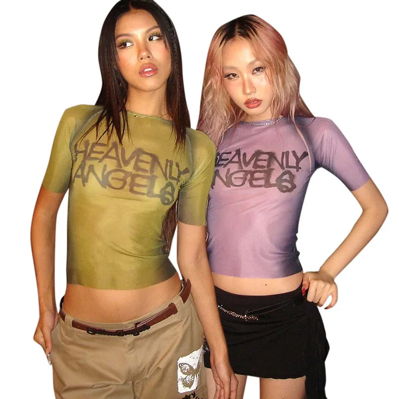 Y2K Heavenly Angels bedrucktes Crop Top
