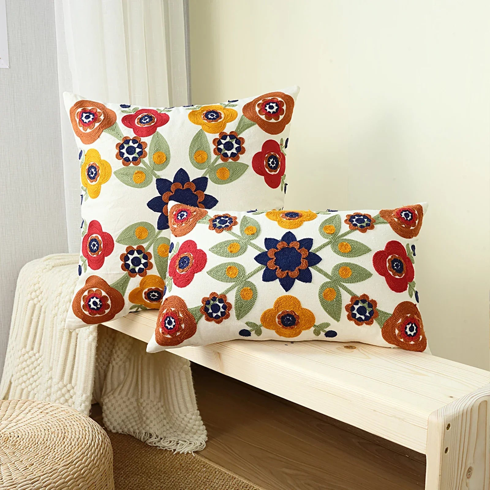 1pc, Vibrant Canvas Flower Embroidery Pillow Cover for Home Decor and Comfortable Sleeping