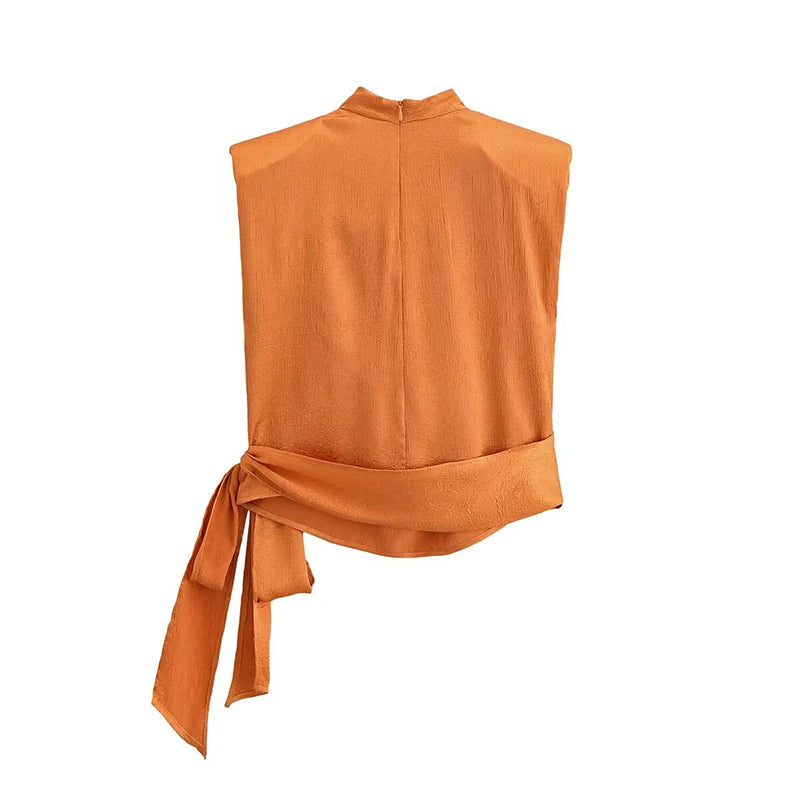 High Neck Sleeveless Satin Orange Blouse