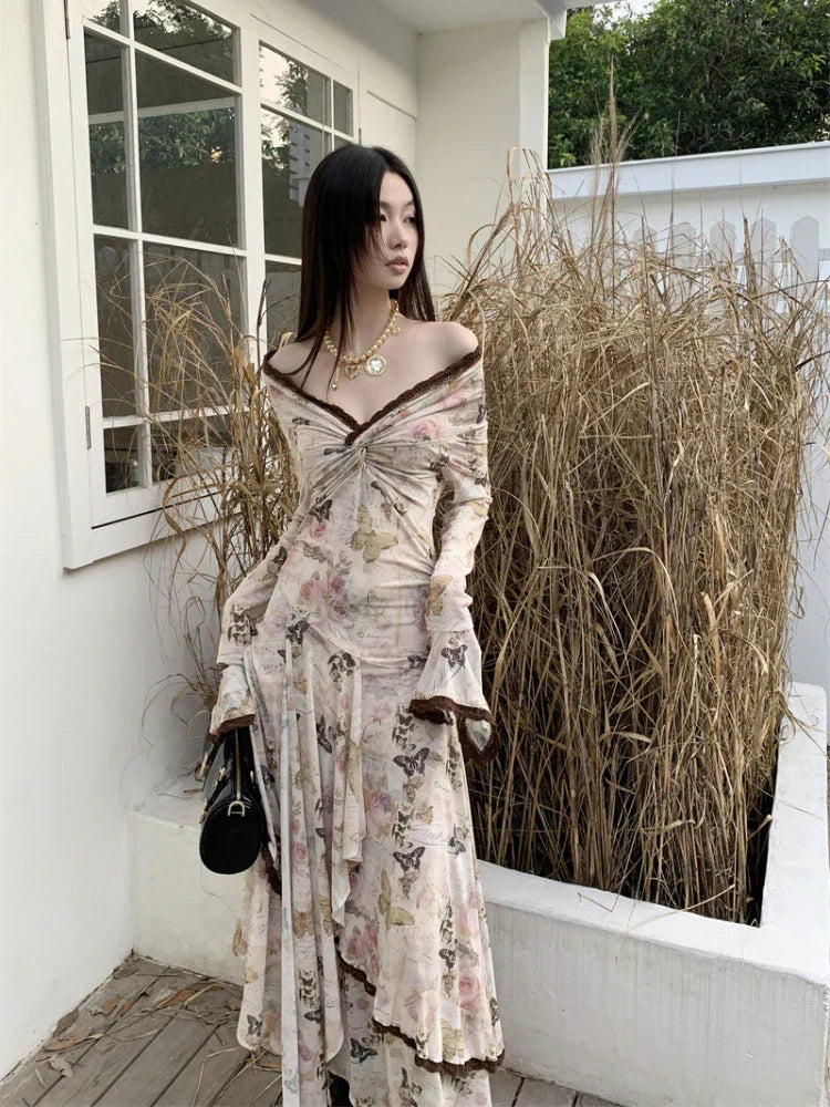 Butterfly Printed Slim Fit Vintage Maxi Dress