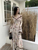 Butterfly Printed Slim Fit Vintage Maxi Dress