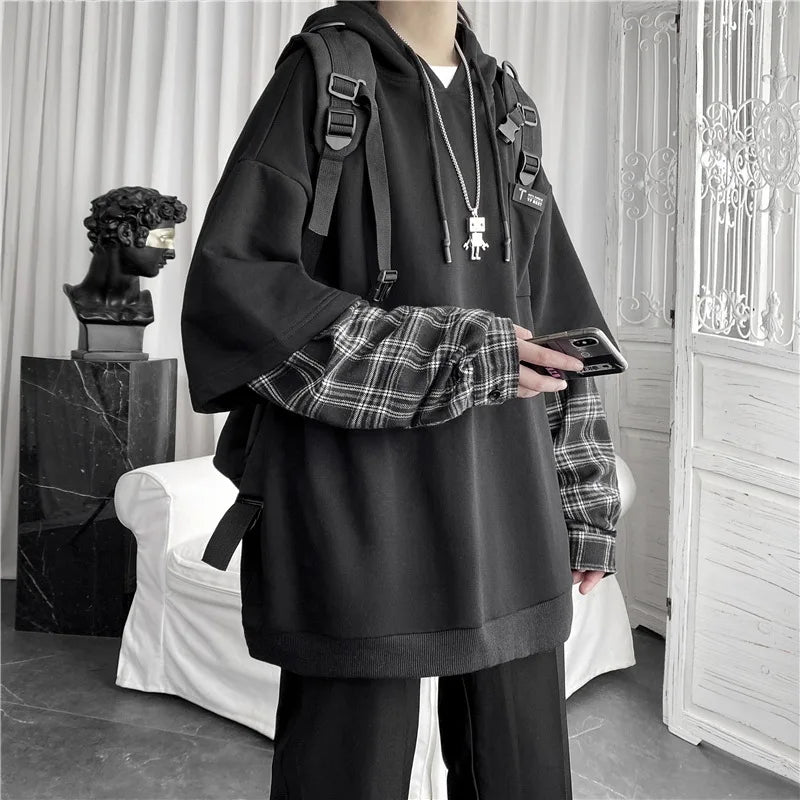 Y2K Layered Plaid Sleeve Hoodie