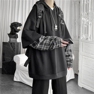 Y2K Layered Plaid Sleeve Hoodie