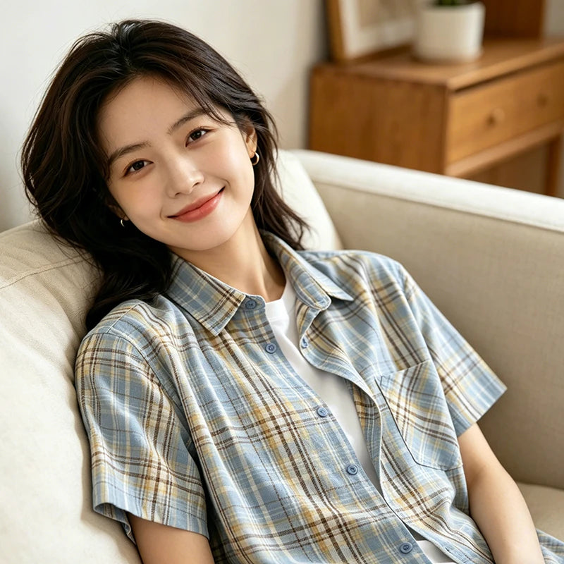 Woman wearing a plaid shirt sitting on a couch in a cozy room.