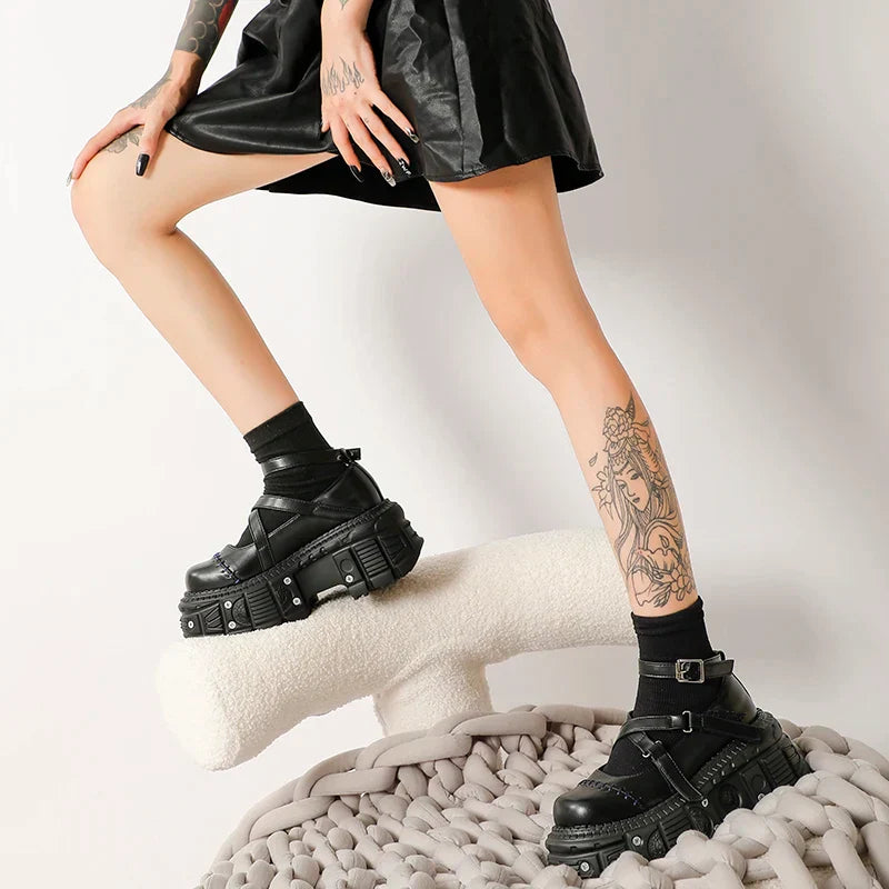 Cross Belt Black Leather Platform Shoes