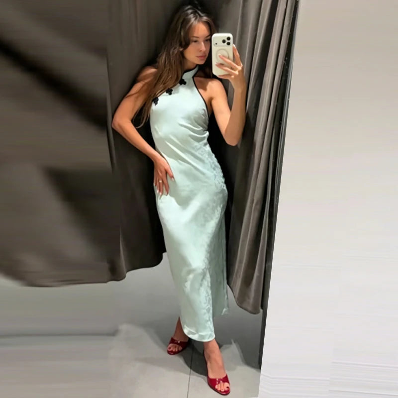 Halter Riviera Qipao Maxi Dress