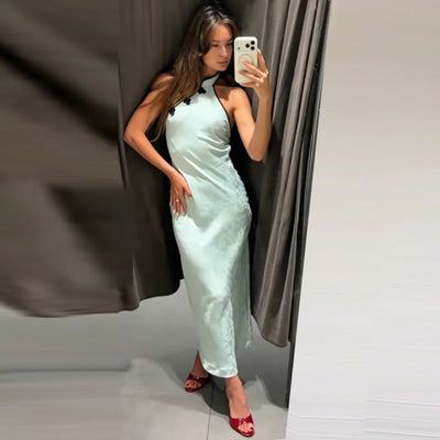 Halter Riviera Qipao Maxi Dress