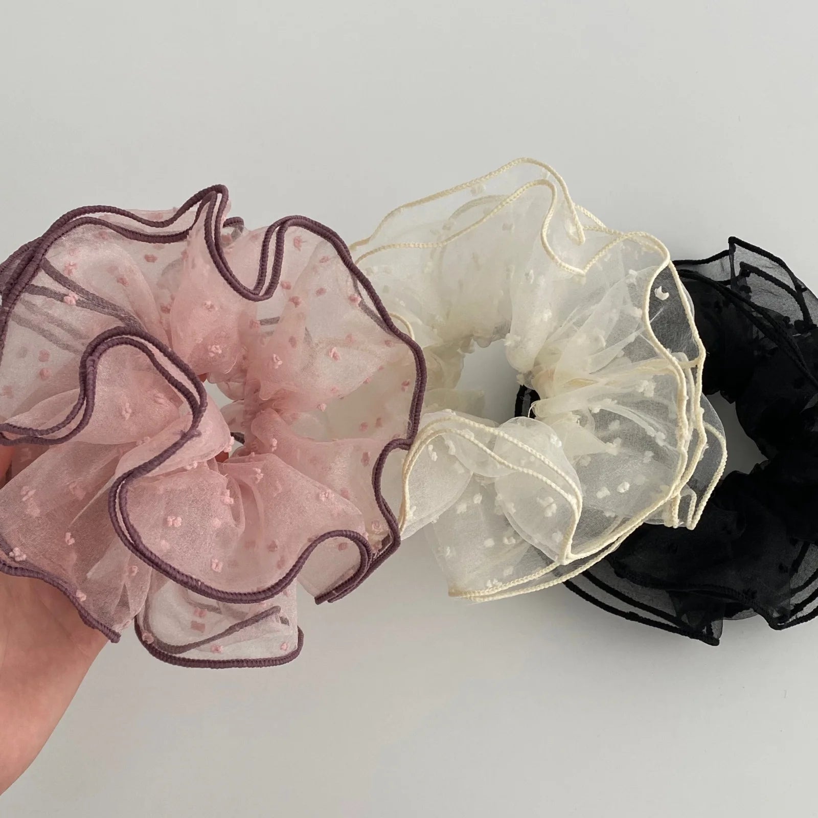 Ruffled Sheer Dot Mesh Ponytail Holder