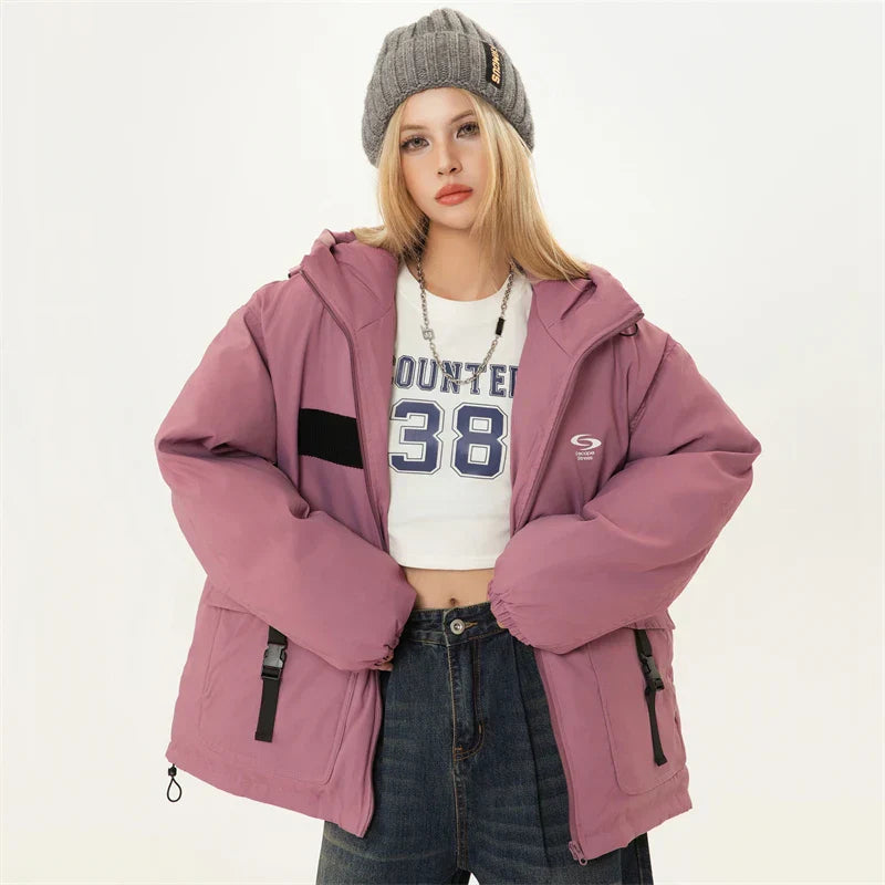 Front Pockets Hooded Pink Parka Jacket