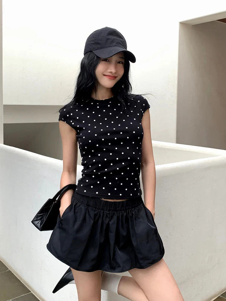 Polka Dots Short Sleeves Crop Top