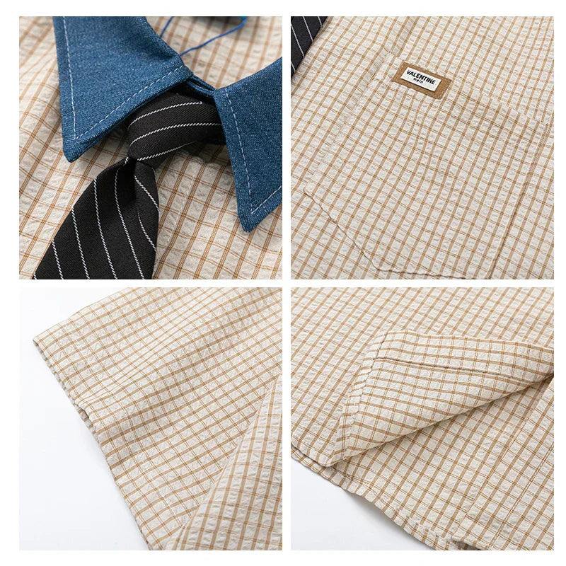 Camisa de verano a cuadros retro con decoración de corbata