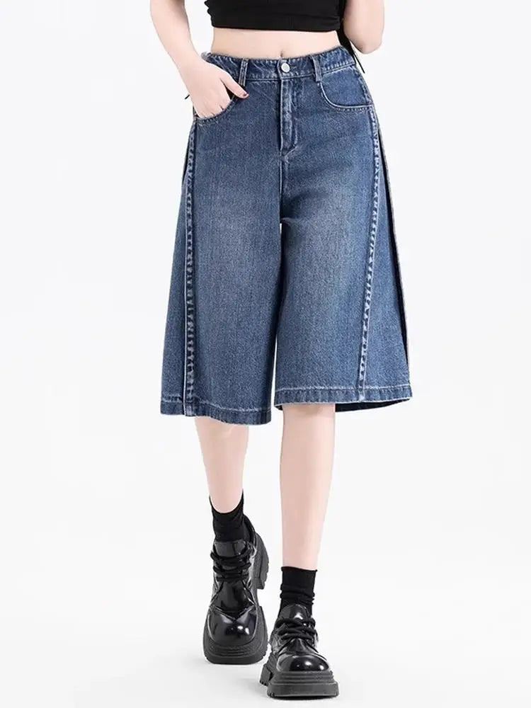 Acubi Stitched High Waist Denim Jorts