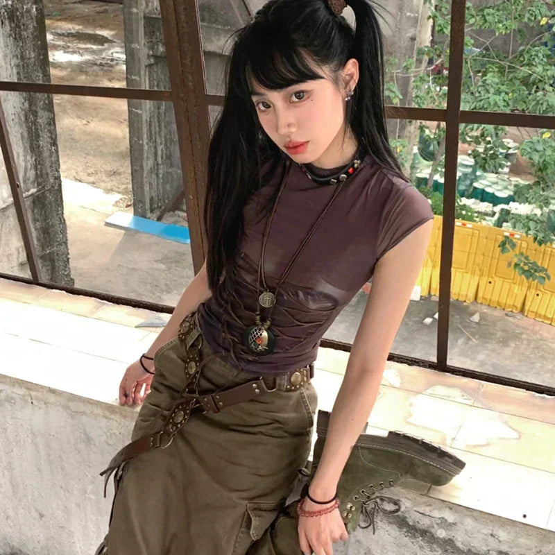 Camiseta con gráfico japonés vintage de encaje estilo Y2K