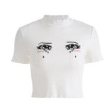 Embroidery Anime Tearful Eyes Crop Top