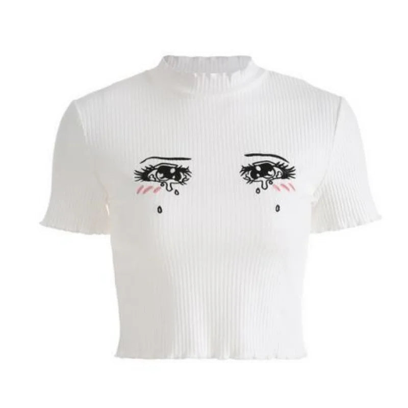 Embroidery Anime Tearful Eyes Crop Top