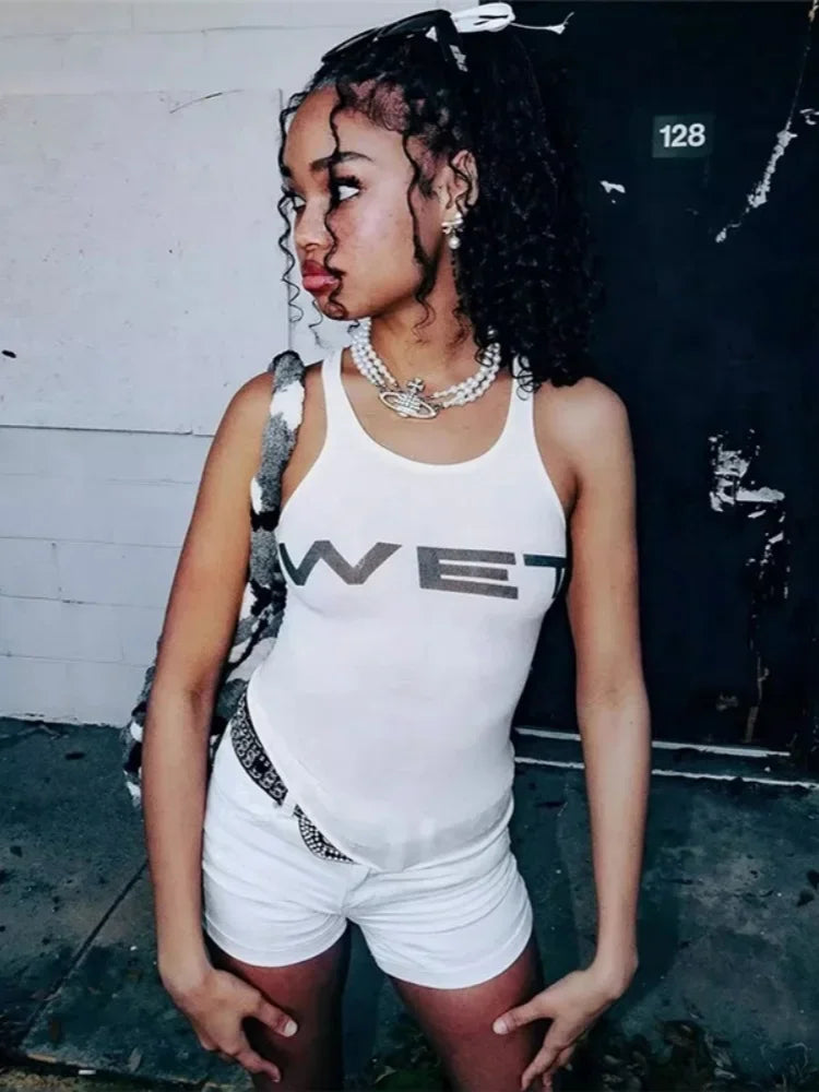 White Crop Top Letters Printing Y2k