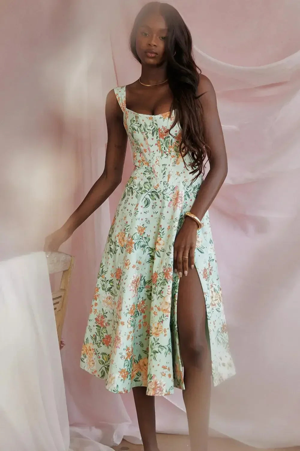 Vintage Floral Pattern Midi Dress
