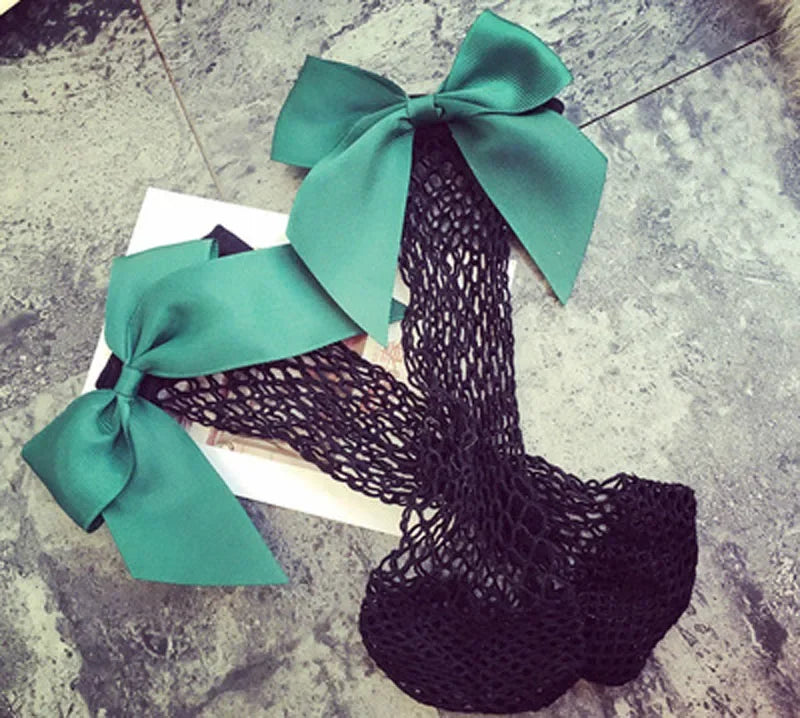 Ladies Fishnet Socks Heel With Bow Pearls Funny Breathable Socks
