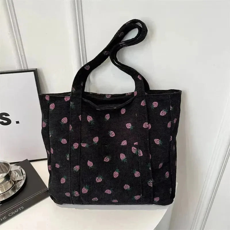 Corduroy Strawberry Print Tote Shoulder Bag