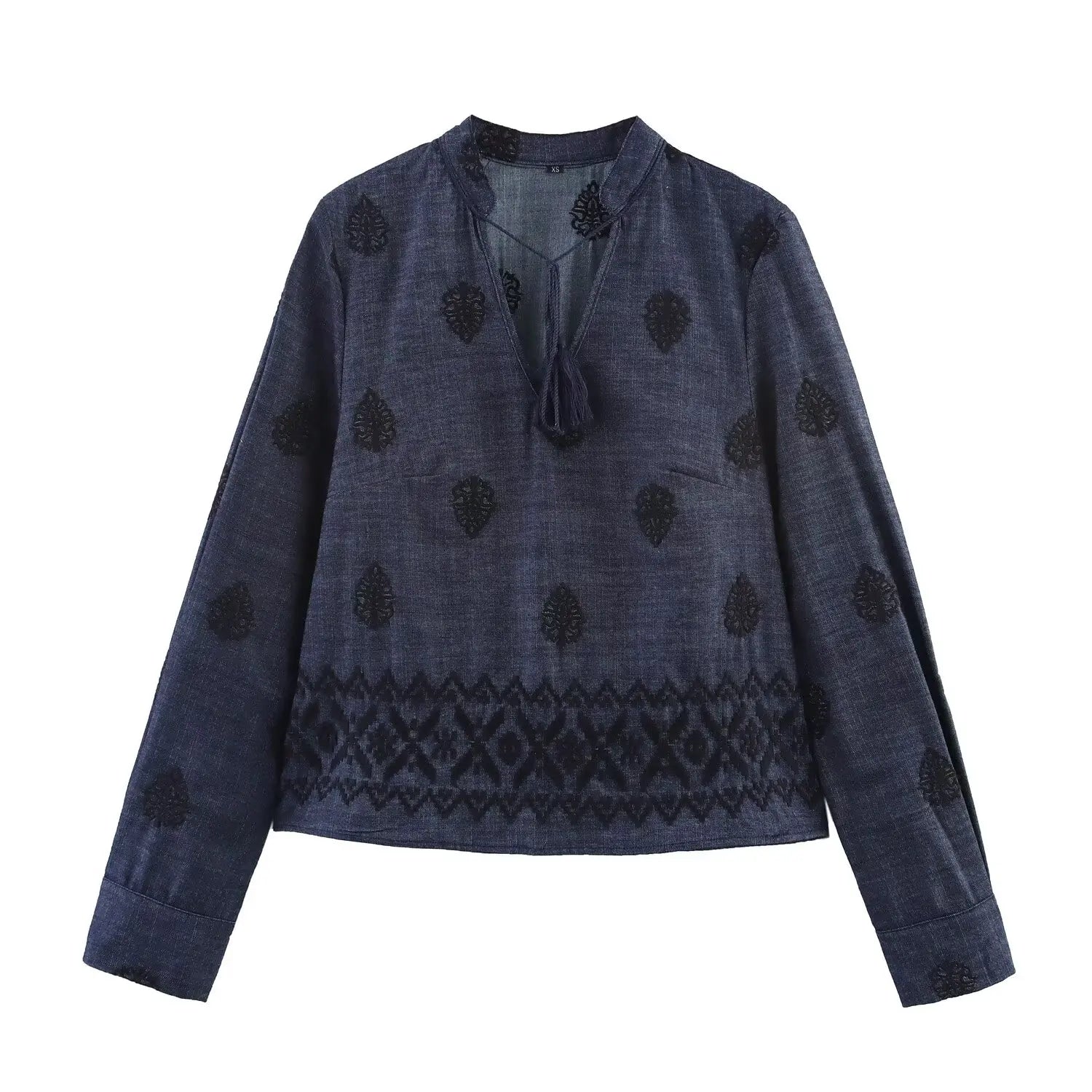Vintage Women Embroidered Dark Blue Blouse