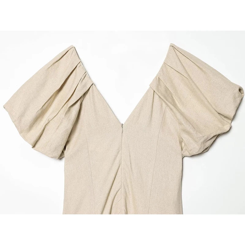 Solid V Neck Puff Sleeve Midi Dress