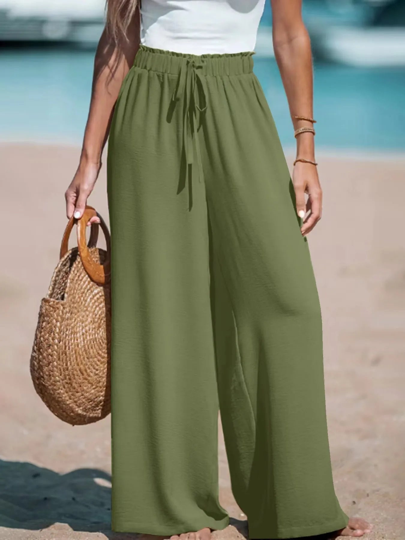 Old Money Women Drawstring Wide Leg Pants