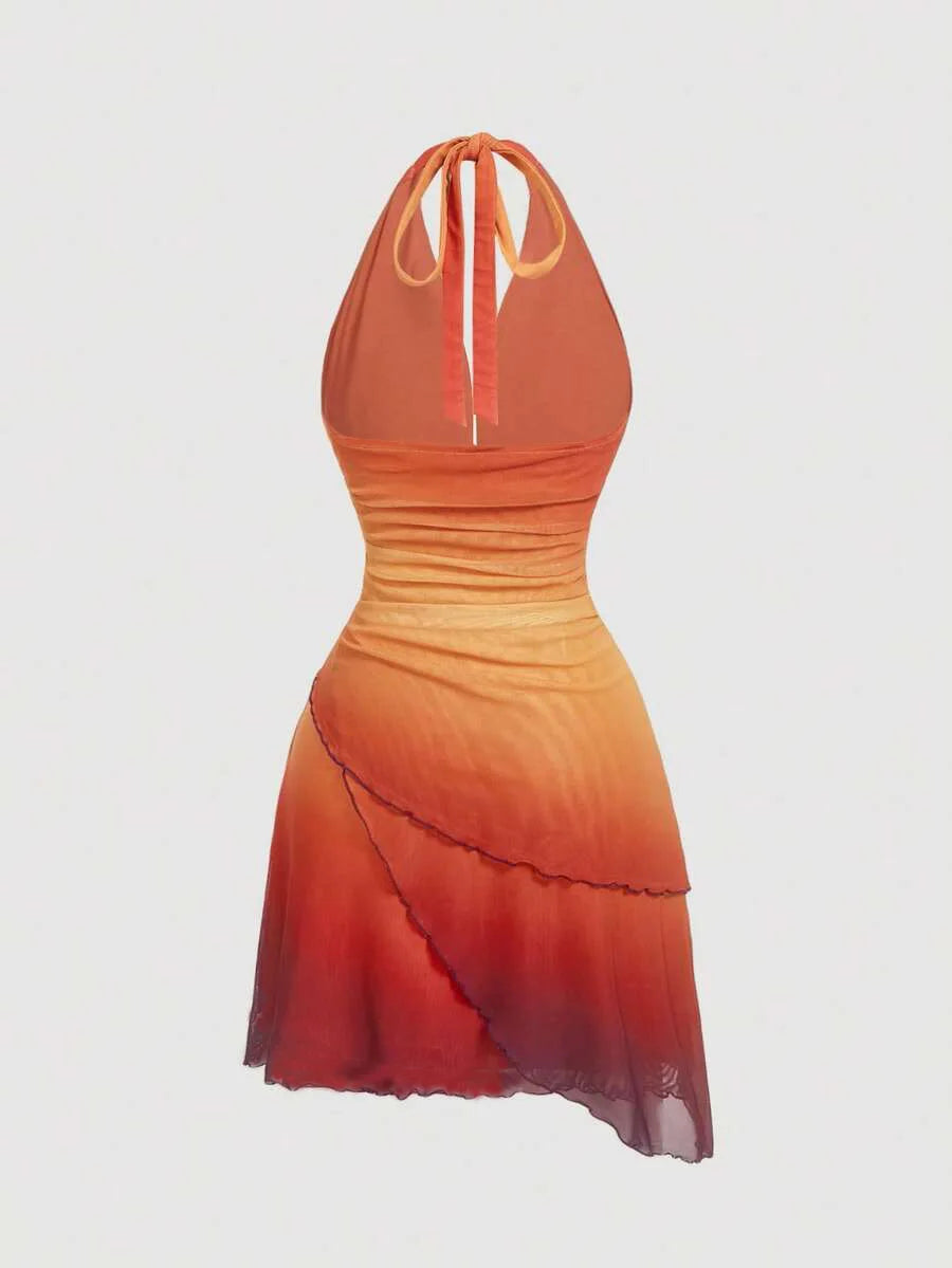 Gradient Bow Tie Asymmetrical Backless Mini Dress
