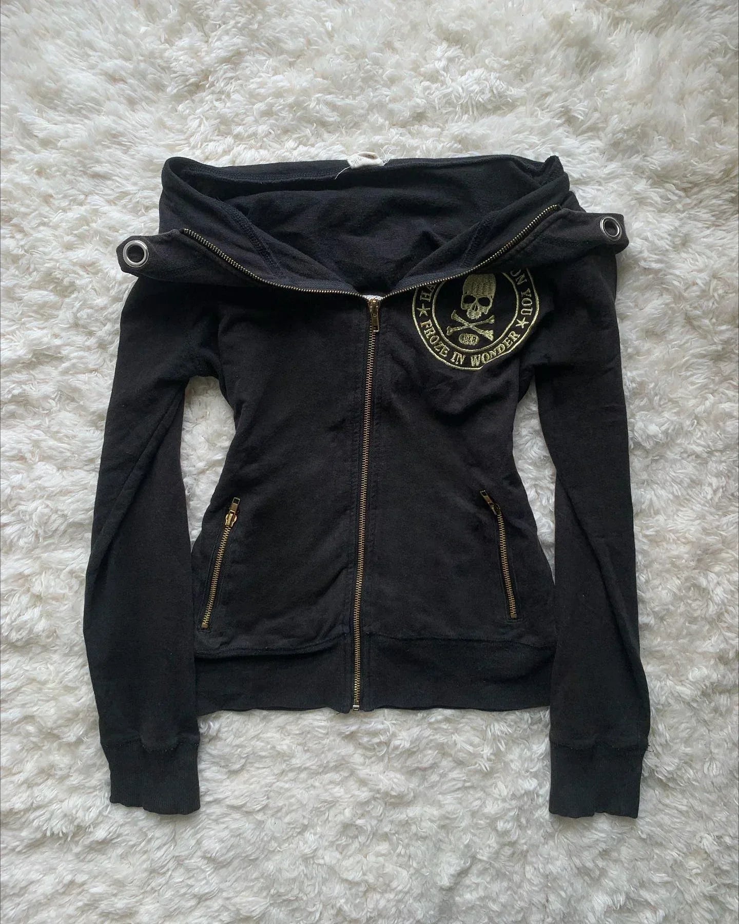 Gothic Drawstring Black Zipper Hoodie