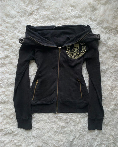 Gothic Kapuzenpullover mit Kordelzug und Reißverschluss, schwarz