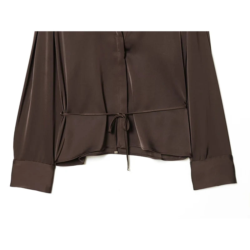 Women Elegant With Belt Satin Brown Shirt