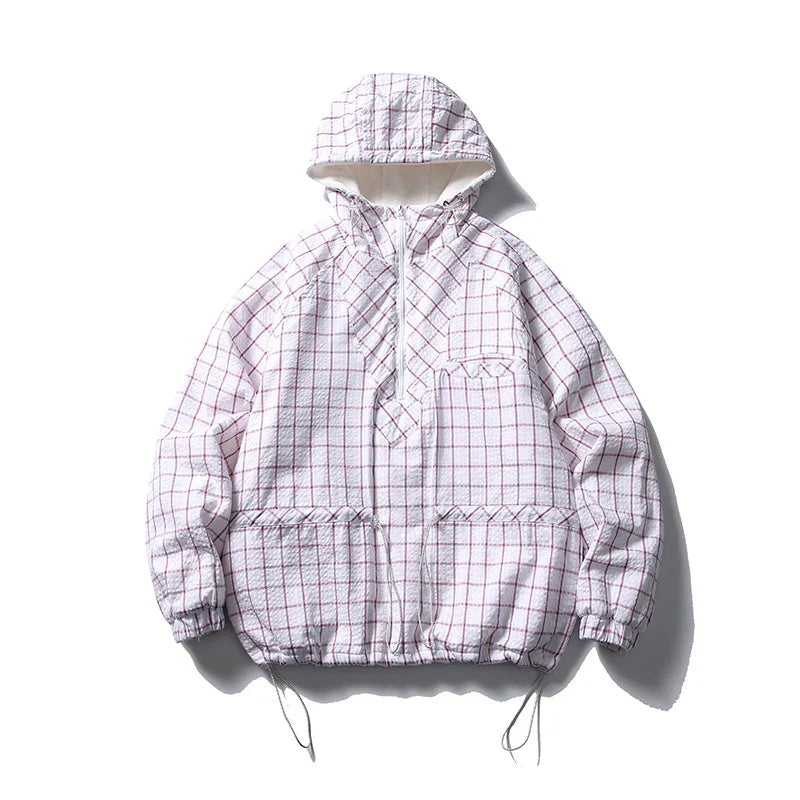 Karierte, dick gefütterte Kapuzen-Windbreaker-Jacke