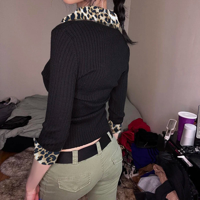 Y2K Leopard V-neck Blouse