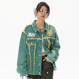 Cyberpunk Stitched Green Long Sleeve Denim Jacket