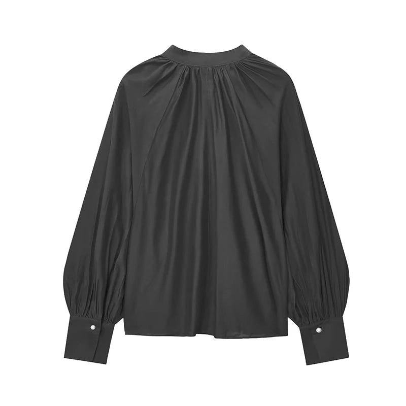 Black Red V Neck Lantern Sleeve Vintage Blouse