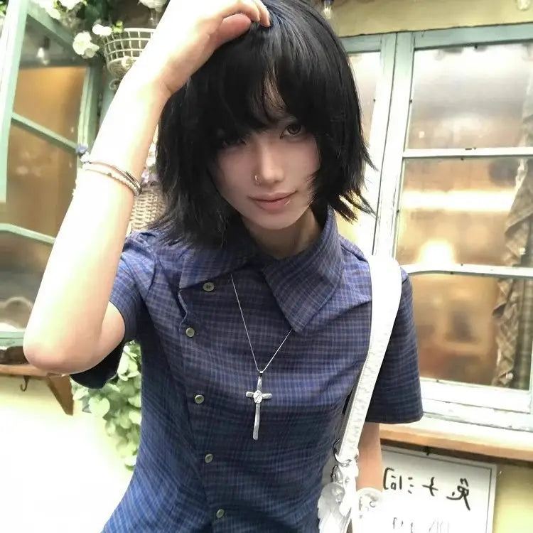 Y2K Plaid Asymmetrical Short Sleeve Shirt