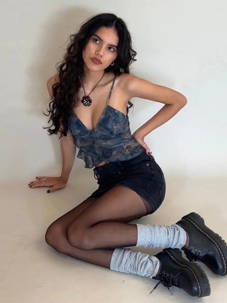Mesh See Through Printed Tank Top