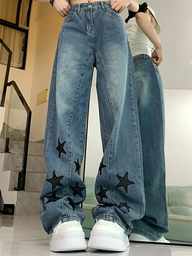 High Waist Wide Leg Retro Star Jeans