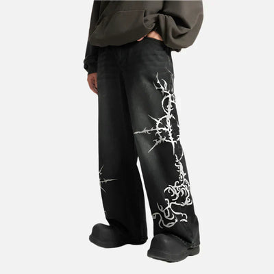 Black Print Denim Straight Leg Jeans
