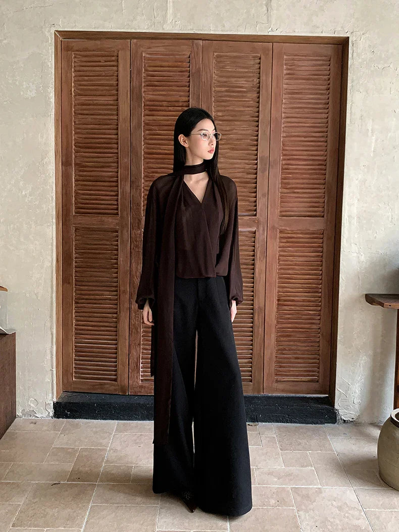 Brown Chiffon long Sleeve Ribbon Blouse