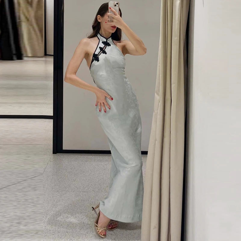 Halter Riviera Qipao Maxi Dress