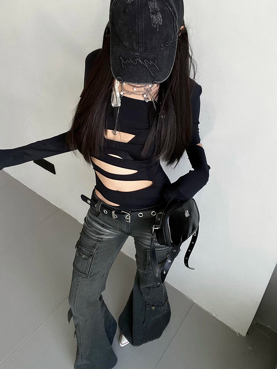 Y2K Black Flare Cargo Jeans