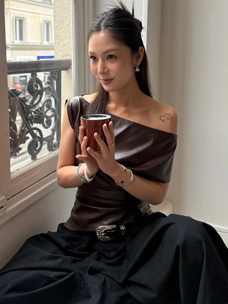 Y2K Faux Leather Brown Top