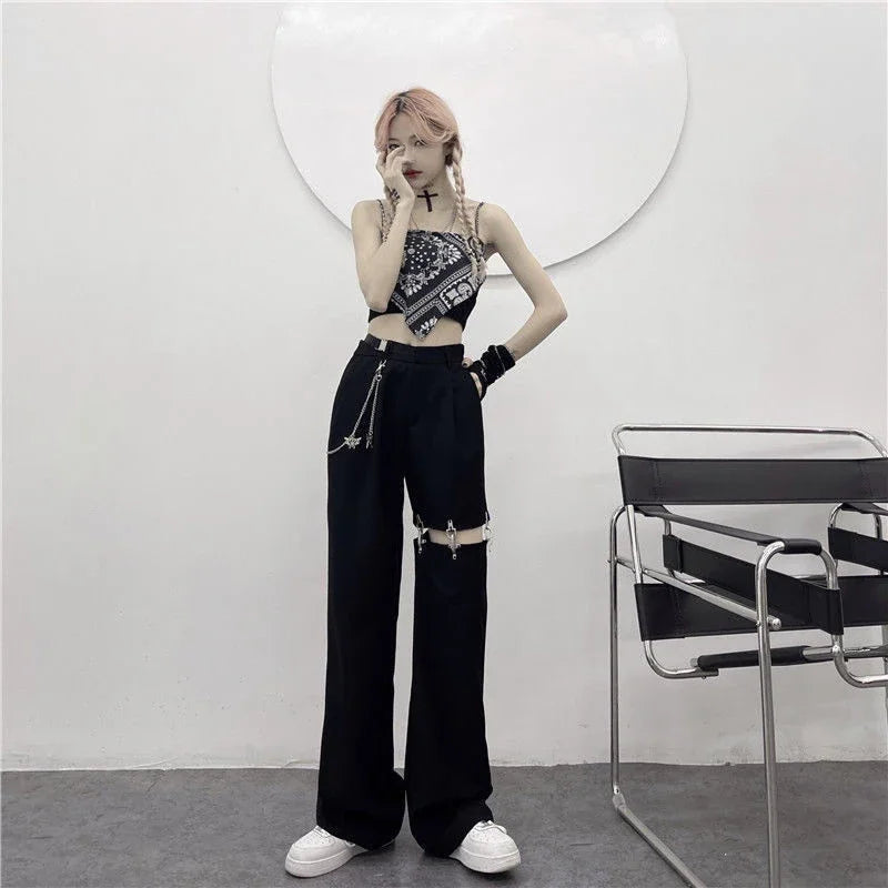 Grunge High Waist Hollow Out Wide Pants